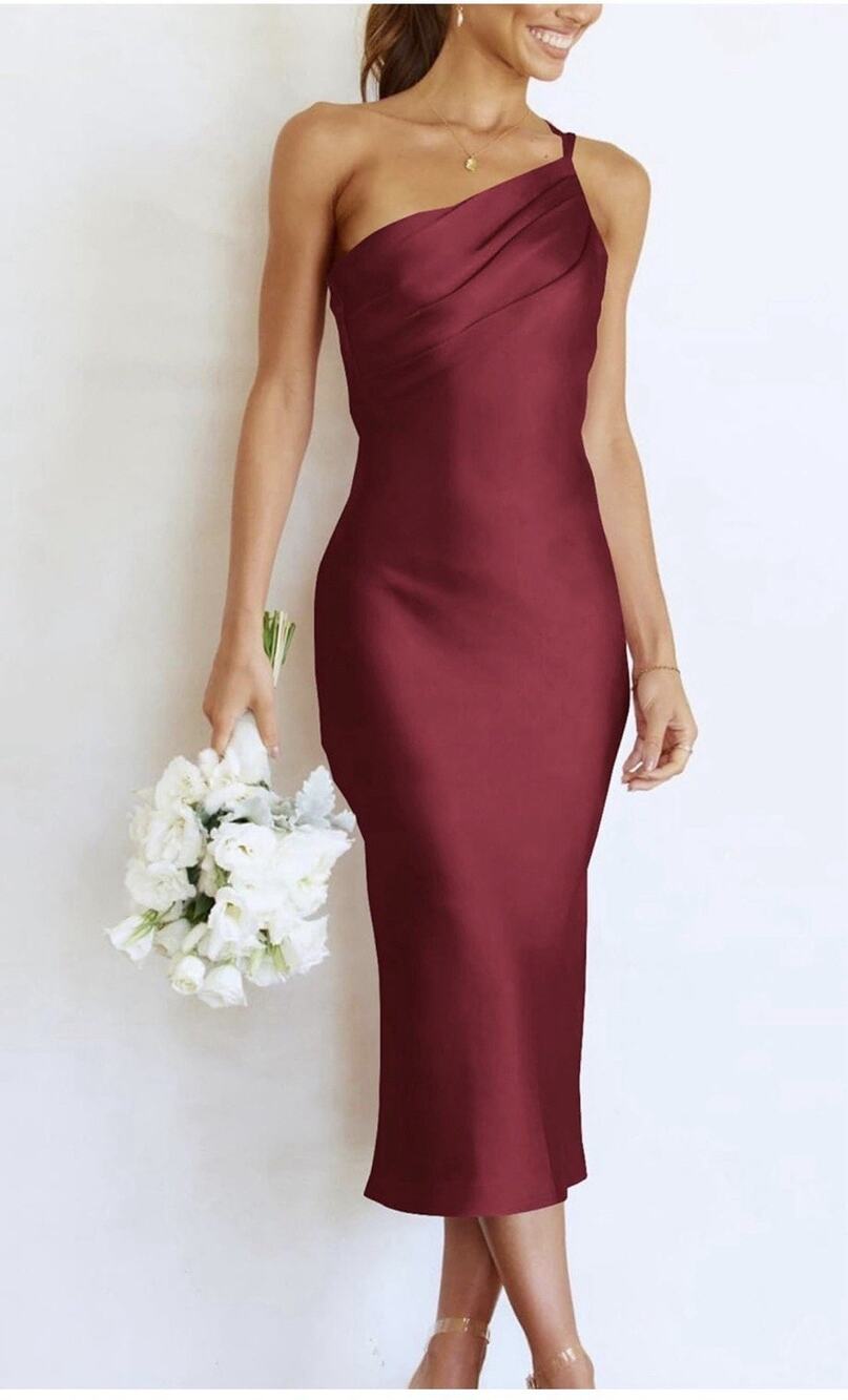 PRETTYGARDEN Women's Midi Satin One Shoulder Spaghetti Strap Dress Small